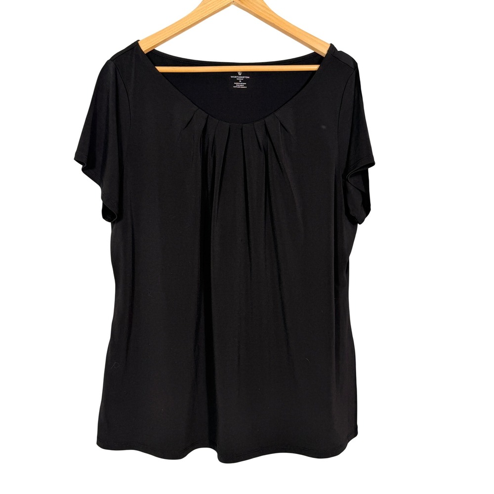 Worthington Woman Black Short Sleeve Pleated Neck Blouse Top 1X